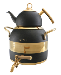کتری قوری نزاز مدل کد 2605 با طراحی لوکس مشکی طلایی، مناسب برای دمکردن چای و دمنوش، ساختهشده از استیل ضدزنگ با دستههای مقاوم، انتخابی شیک برای آشپزخانههای مدرن