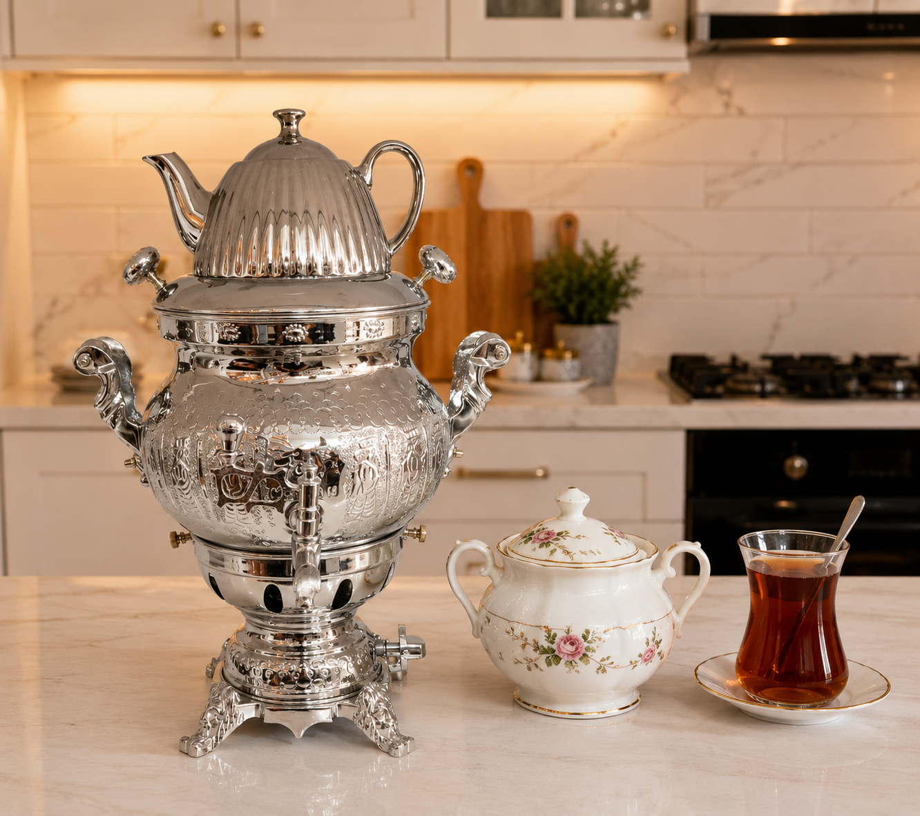 سماور مهان سه کاره قلمکار ماریا دسته کروم کد 2-405